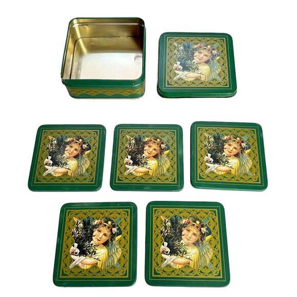Vintage 1986 Enesco Christmas Greetings Angel Tin Box Cork Backed Coasters set - Picture 4 of 8